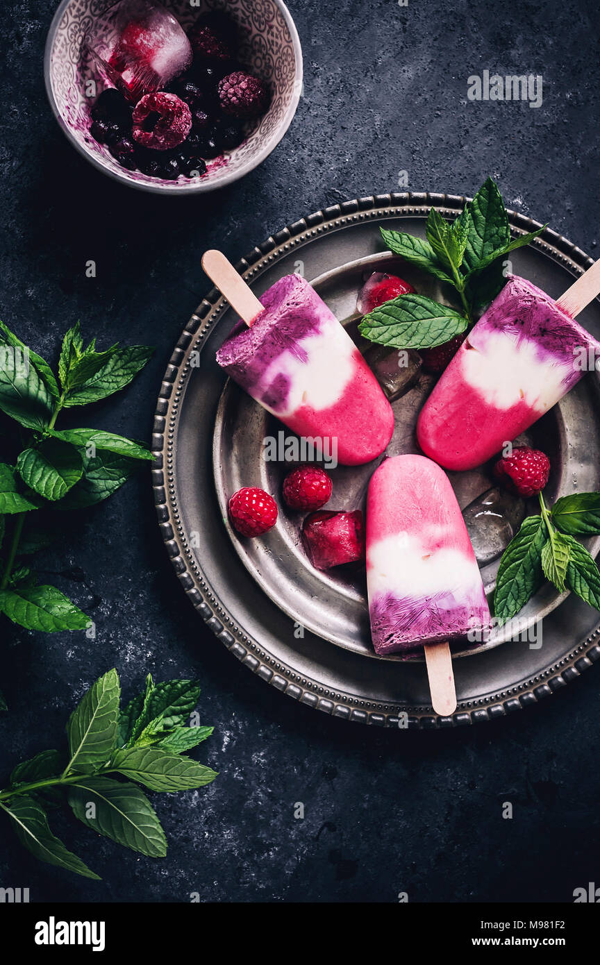 Lampone Mirtillo-yogurt popsicles sulla piastra Foto Stock