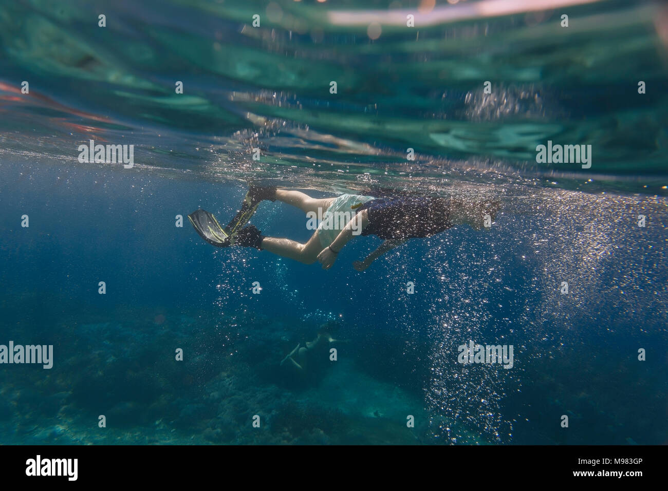 Riprese subacquee di uomo con alette e snorkeling Foto Stock