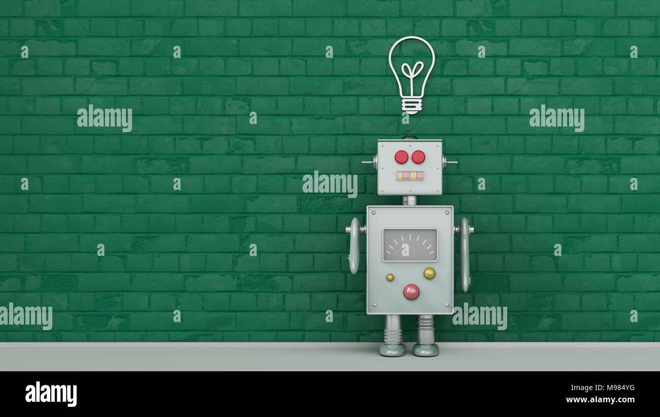 Robot sotto la lampadina di luce dipinta su un muro di mattoni, rendering 3D Foto Stock