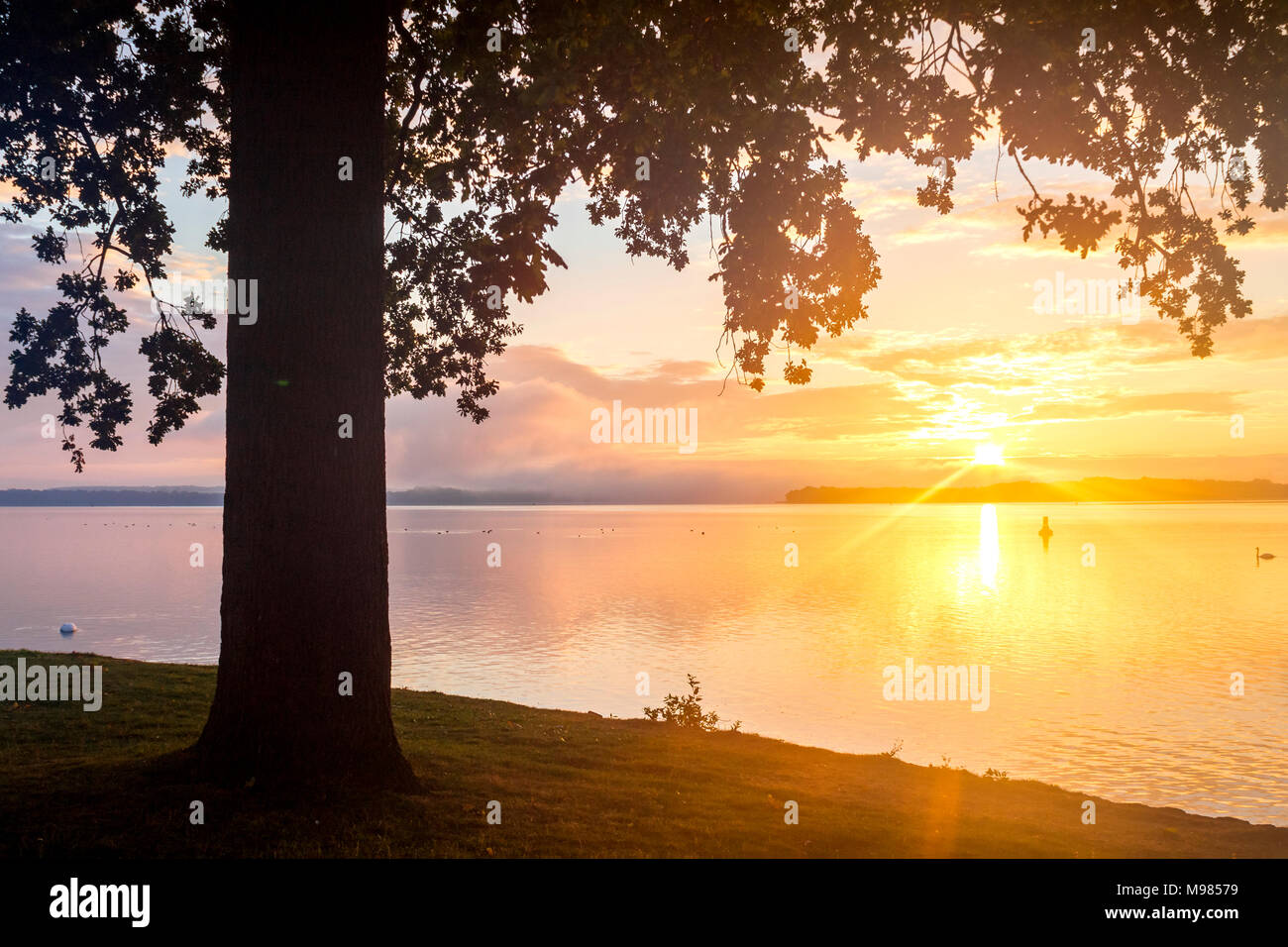 Germania, Meclemburgo-Pomerania, Schwerin, il lago Schwerin al tramonto Foto Stock