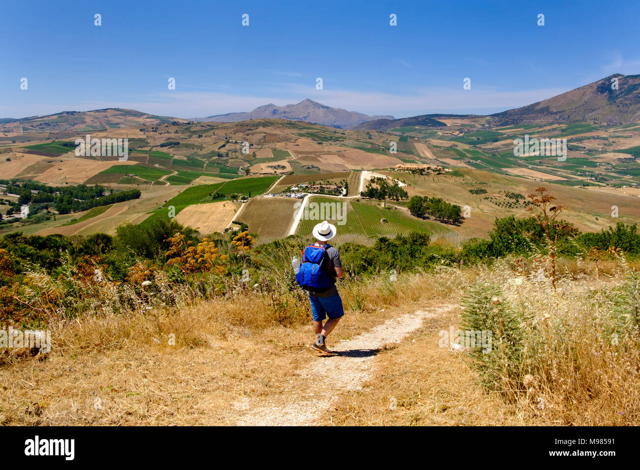 Wanderer an der griechische Tempelanlage Segesta, Provinz Trapani, Sizilien, Italien Foto Stock