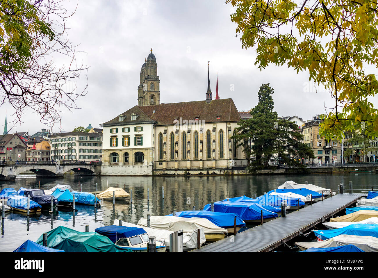 La Svizzera, Zurigo, vista dell'area di ormeggio al fiume Limmat Foto Stock