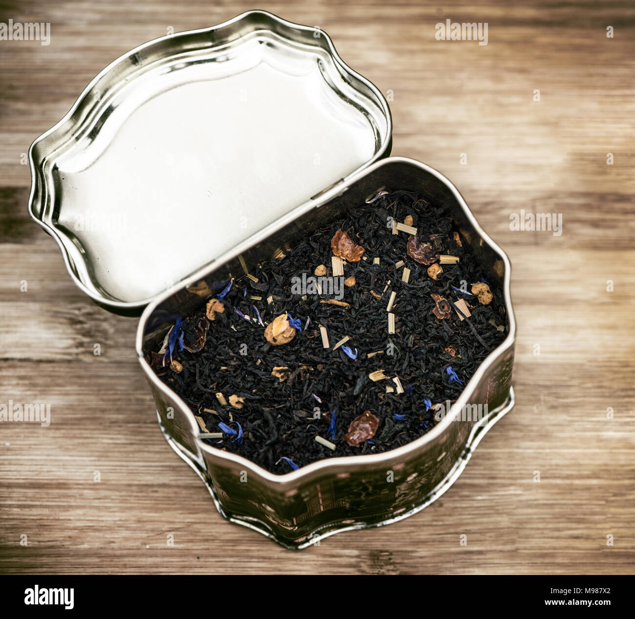 Vecchio può di tè aromatizzati Foto Stock
