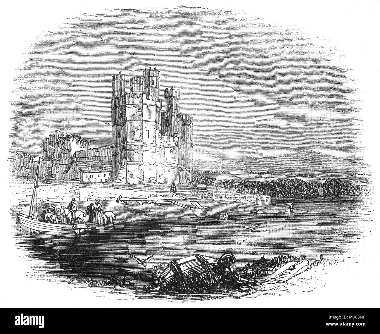 Caernarfon Castle aka Carnarvon Castello, attraverso il Fiume Seiont, è una fortezza medievale a Caernarfon, Gwynedd, Galles. Il re Edoardo I di Inghilterra ha iniziato l'attuale struttura in pietra nel 1283. La Edwardian Città e castello ha agito come centro amministrativo del Galles del nord e di conseguenza le difese sono state costruite su grande scala. Tuttavia, la città e il castello era stato saccheggiato nel 1294 quando Madog ap Llywelyn, Principe di Galles, ha portato a una ribellione contro l'inglese. Caernarfon è stato ripreso l'anno successivo Foto Stock