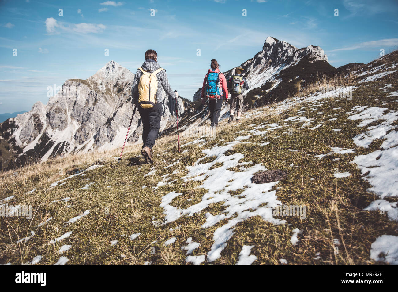 Austria, Tirolo, tre escursionisti passeggiate in montagna Foto Stock