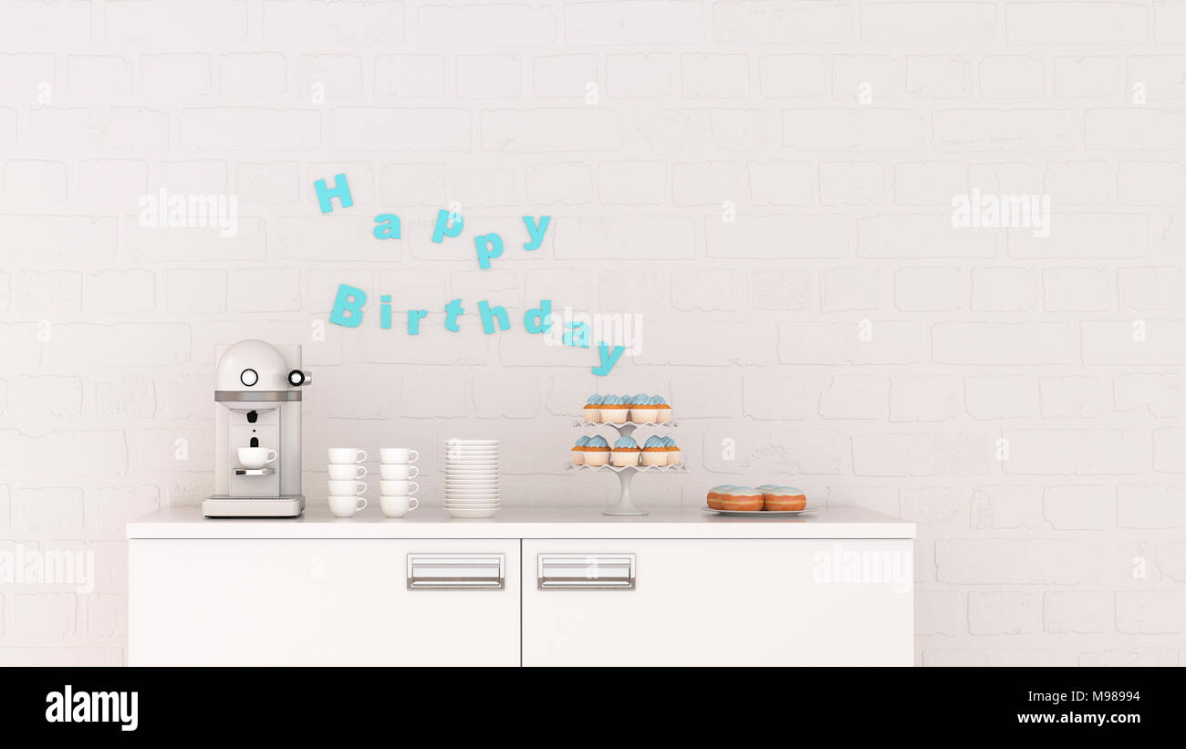 Decorazione di compleanno e macchina per il caffè sulla cassettiera, rendering 3D Foto Stock