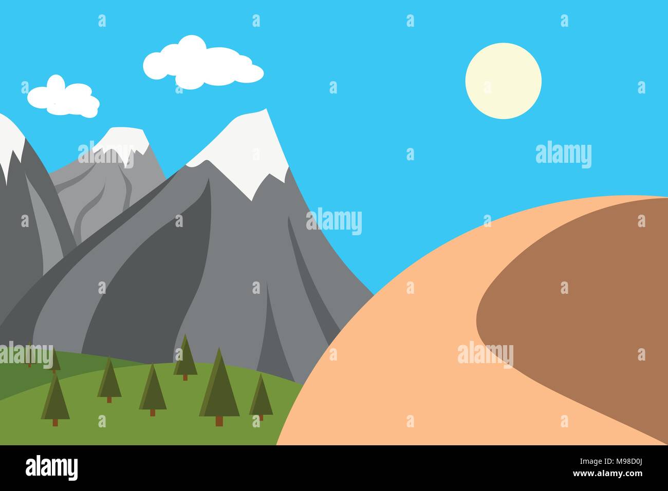Illustrazione vettoriale delle montagne con la neve e una montagna in mezzo al deserto, cambiamento climatico concept Illustrazione Vettoriale