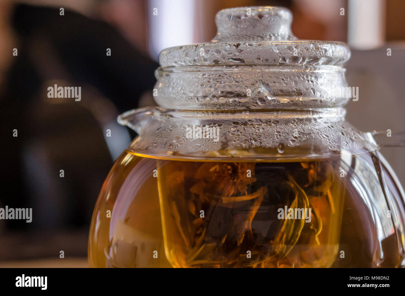 Teiera in vetro con tè con gocce d'acqua sul coperchio Foto Stock