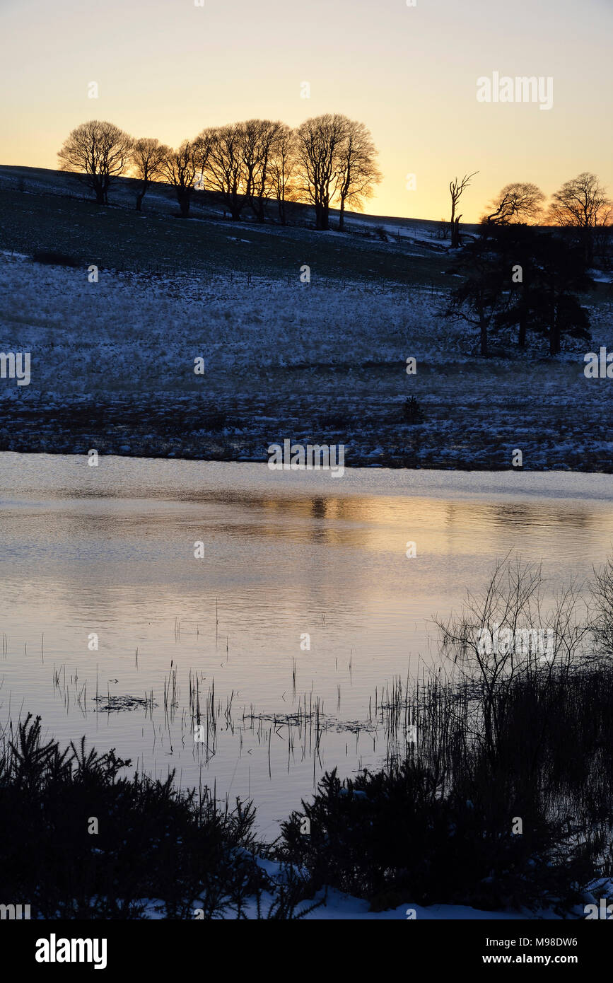 Snowy tramonto a Waldegrave Pool & North Hill Priddy Mineries, Mendip Hills, Somerset Foto Stock