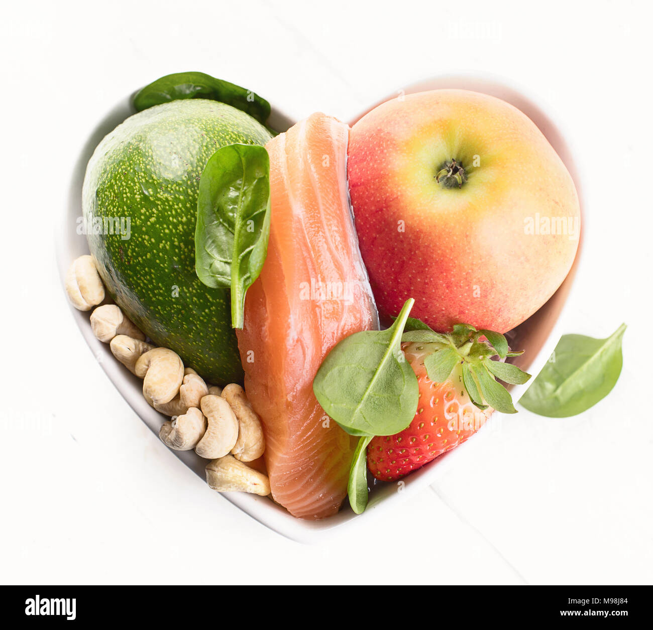 Alimenti per il cuore sano. Cibo sano concetto. Vista superiore Foto Stock