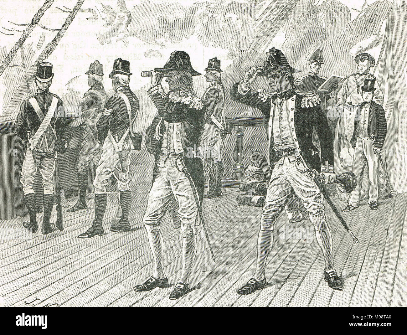 Nelson tenendo un telescopio per il suo occhio, ignorando l'ordine di ritiro, Battaglia di Copenhagen, 1801 Foto Stock