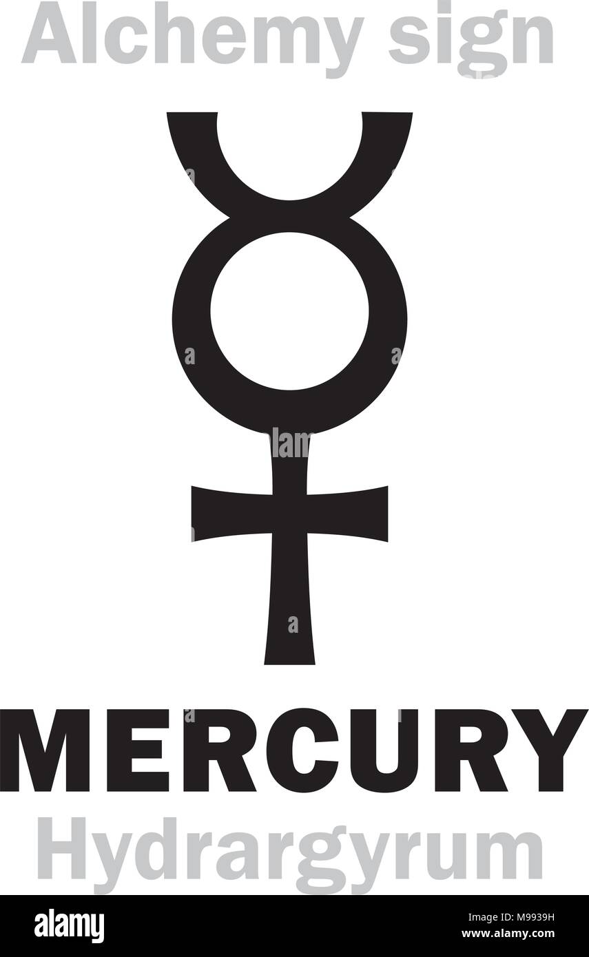 Alfabeto di Alchemy: Mercurio (Hydrargyrum, Argentum vivum; Mercurius), uno dei tre numeri primi, ideale alchemico di metallo liquido; anche: Quicksilver. F Chimica… Illustrazione Vettoriale