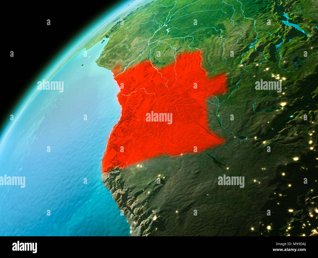 Sera su Angola come visto dallo spazio sul pianeta Terra. 3D'illustrazione. Gli elementi di questa immagine fornita dalla NASA. Foto Stock