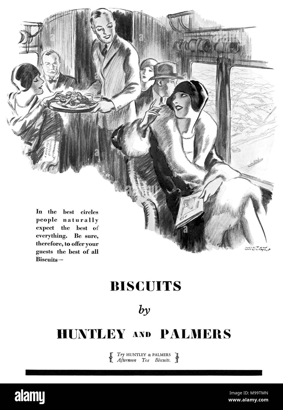 1928 British advertsiement per Huntley e Palmers biscotti, illustrato da Wilton Williams. Foto Stock