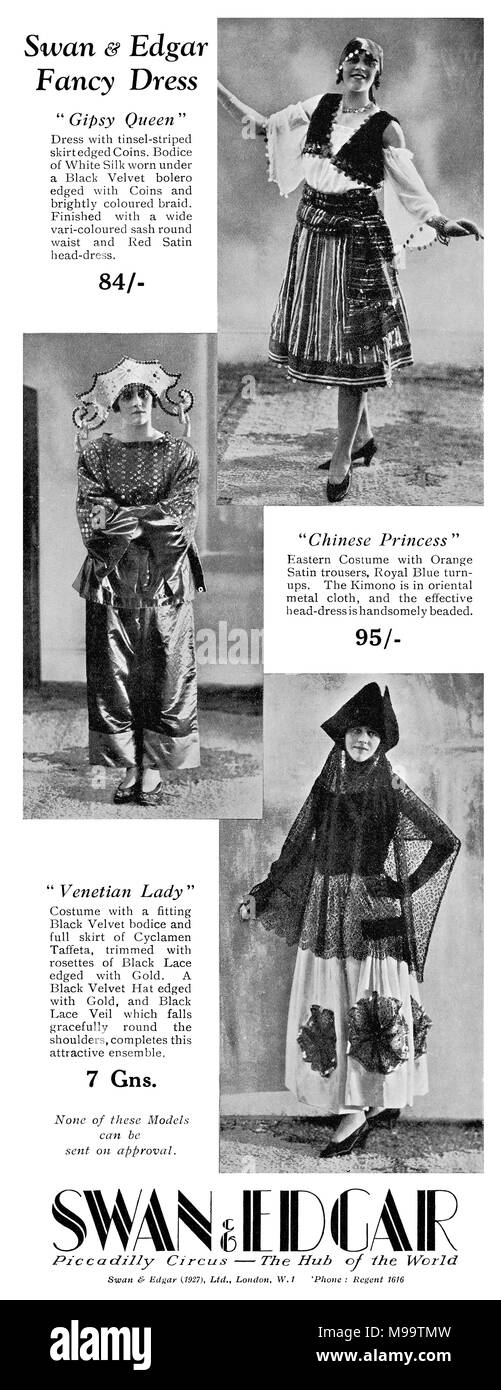 1928 British pubblicità per fancy dress abbigliamento allo Swan & Edgar department store, Piccadilly Circus, Londra. Foto Stock