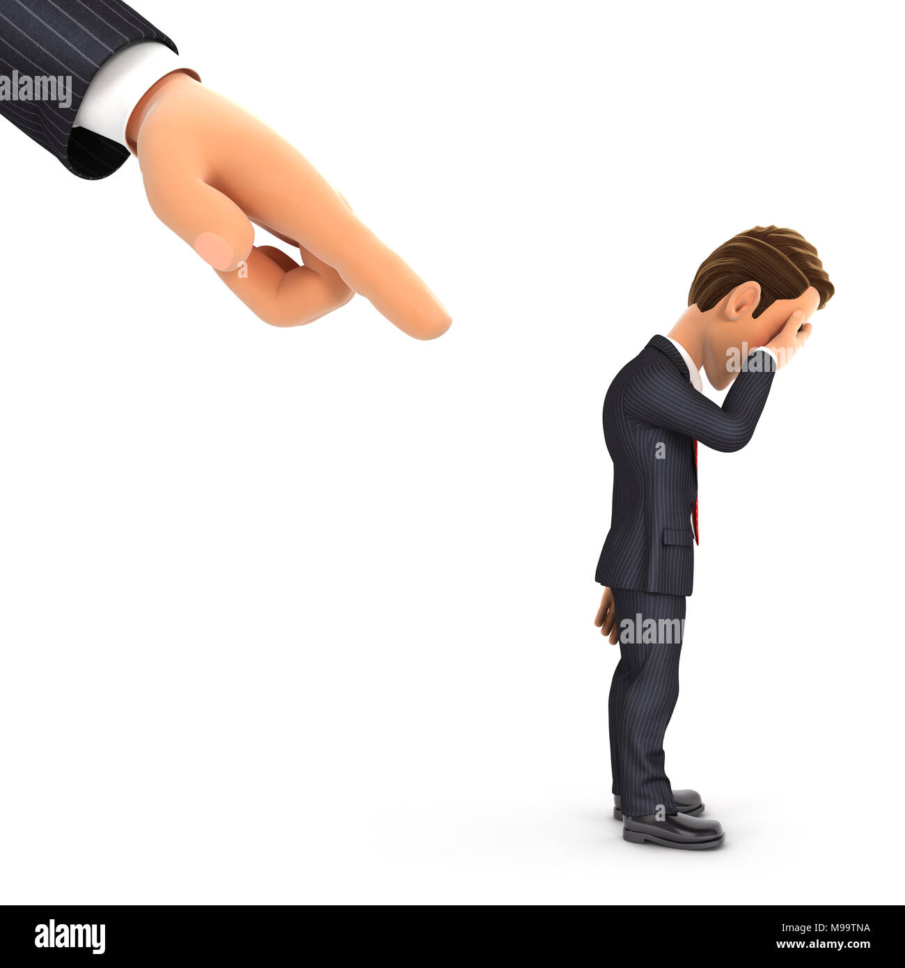 3d grande mano che puntano a un imprenditore, illustrazione isolato con sfondo bianco Foto Stock