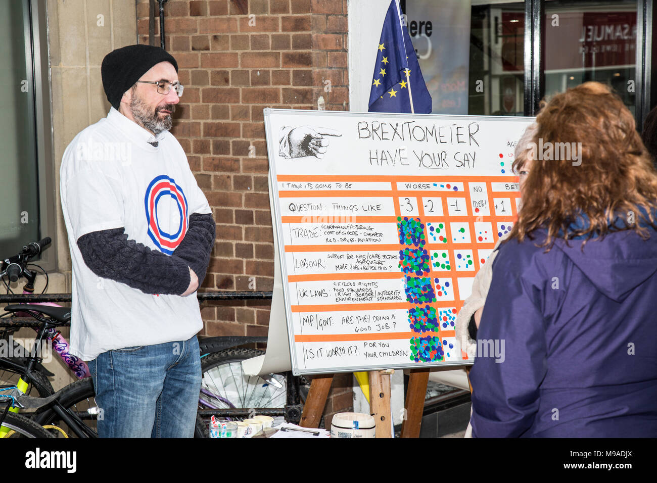 La gente a Shrewsbury, Inghilterra, viene chiesto di esprimere la loro opinione sul Brexit sul futuro del Regno Unito. La gente potrebbe posizionare gli adesivi che si trovano su una scheda Brexitometer per indicare le loro opinioni su un certo numero di questioni relative al Regno Unito di post Brexit. Foto Stock