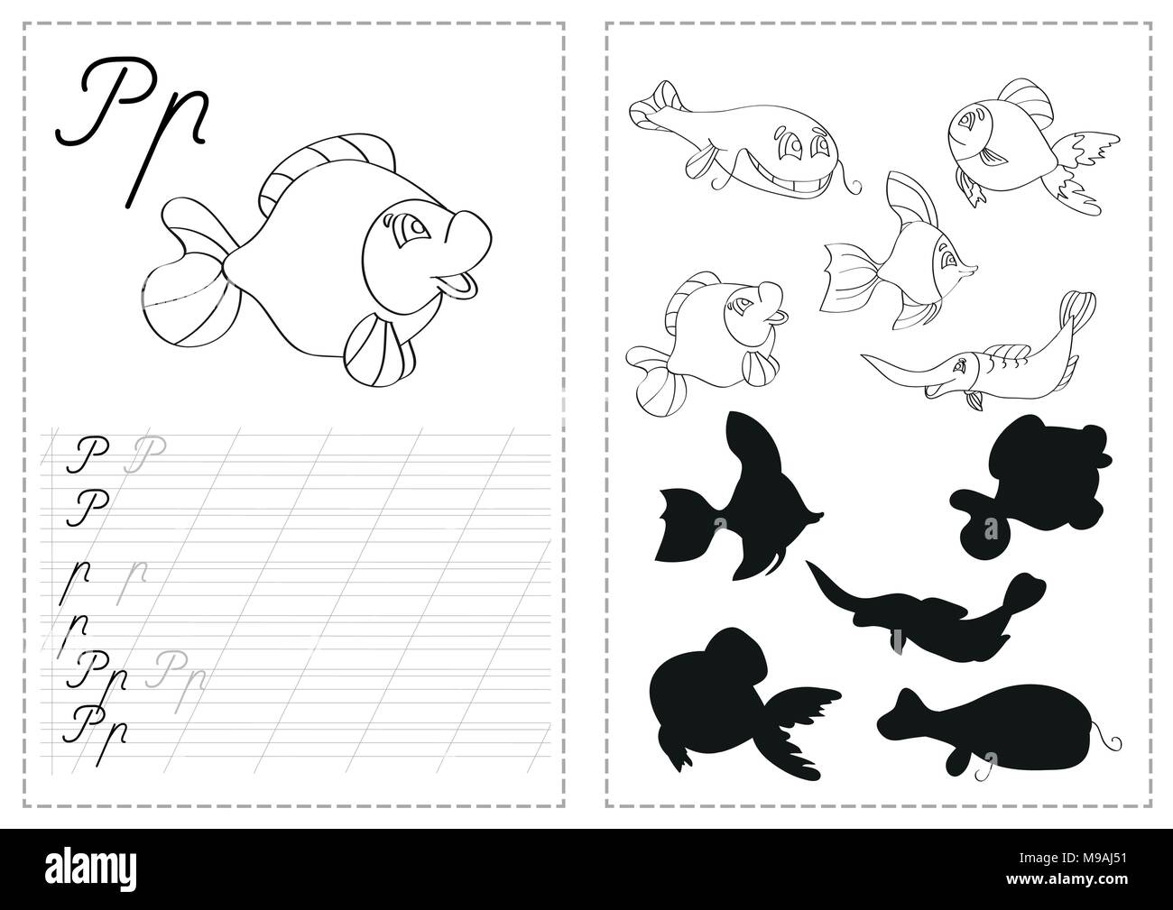 Alfabeto lettere di foglio di lavoro di tastatura con alfabeto russo lettere - pesci Illustrazione Vettoriale