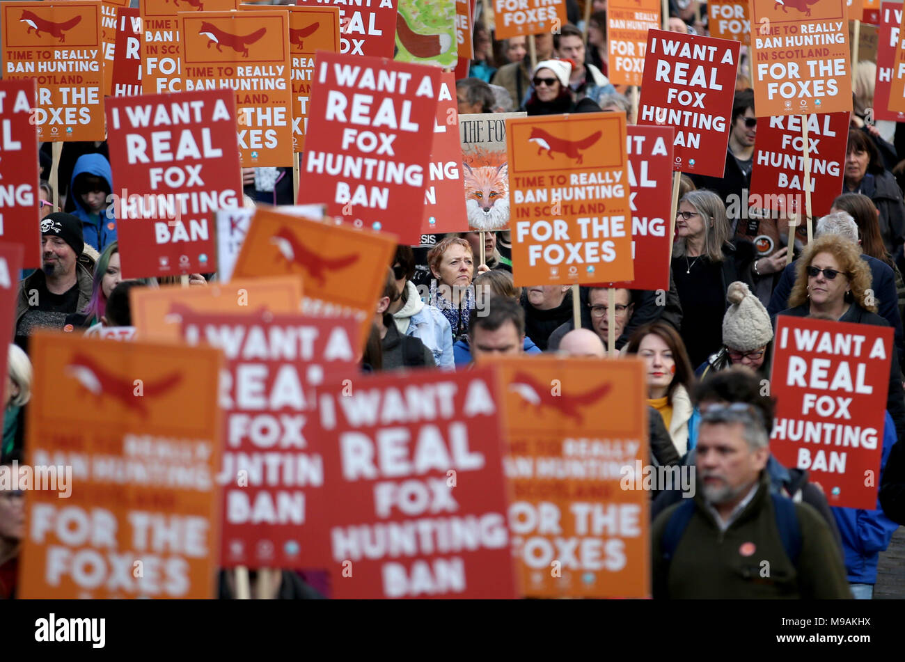 Manifestanti durante una marcia sul Royal Mile di Edimburgo organizzata dalla League Against Cruel Sports, OneKind e IFAW chiedendo un 'reale' divieto di caccia alla volpe. Foto Stock