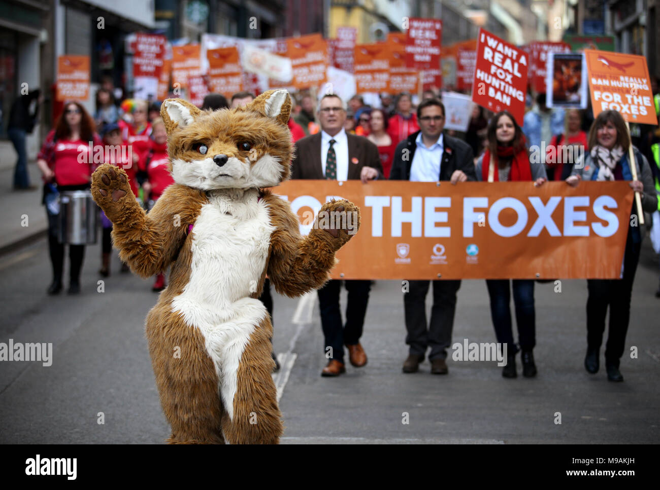 Manifestanti durante una marcia sul Royal Mile di Edimburgo organizzata dalla League Against Cruel Sports, OneKind e IFAW chiedendo un 'reale' divieto di caccia alla volpe. Foto Stock