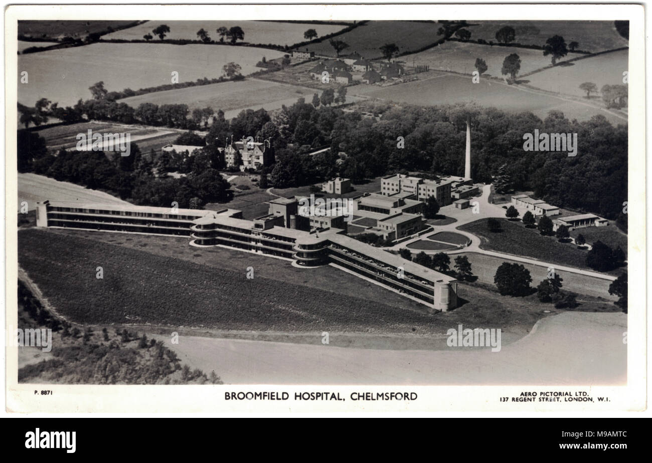 Broomfield Hospital fu originariamente noto come Essex County Hospital e fu inaugurato nel 1940 come un ospedale per il trattamento di pazienti con tubercolosi, fino al 1959 tutti i pazienti in 312 letti erano maschio e della durata del soggiorno variava da sei mesi a quattro anni, l'ospedale fu presto lavora a piena capacità e fu il solo centro di chirurgia toracica per la tubercolosi polmonare in Essex. Foto Stock