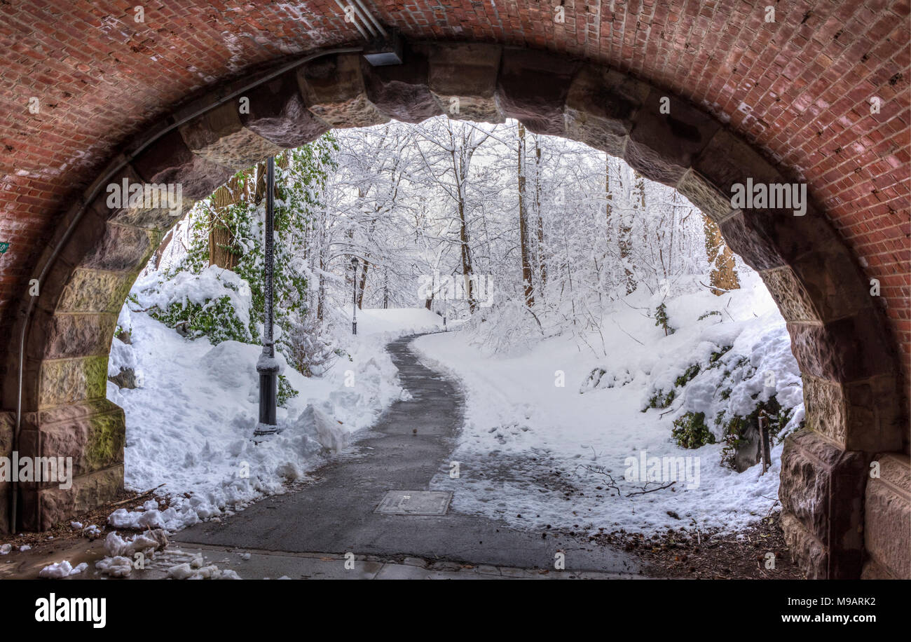 Un idilliaco scena invernale visto da sotto Eastwood Arch dopo la storica una tempesta di neve di primavera in Prospect Park di Brooklyn Foto Stock