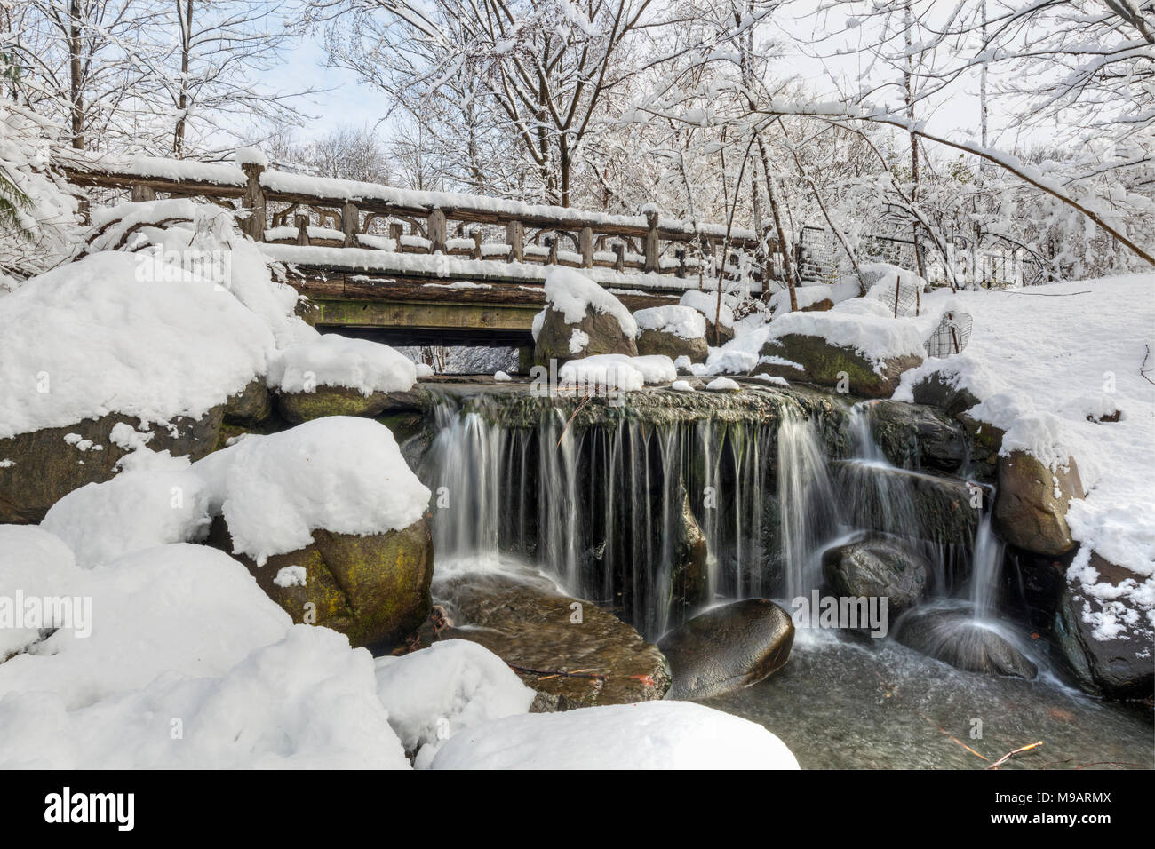 Snowclad Binnen ponte sopra setosa Binen cade dopo una nevicata di primavera in Prospect Park di Brooklyn, New York. Foto Stock