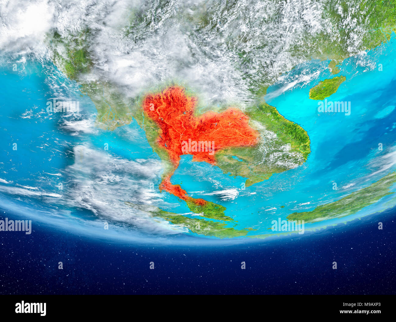 La Tailandia ha evidenziato in rosso sul pianeta Terra con le nuvole. 3D'illustrazione. Gli elementi di questa immagine fornita dalla NASA. Foto Stock