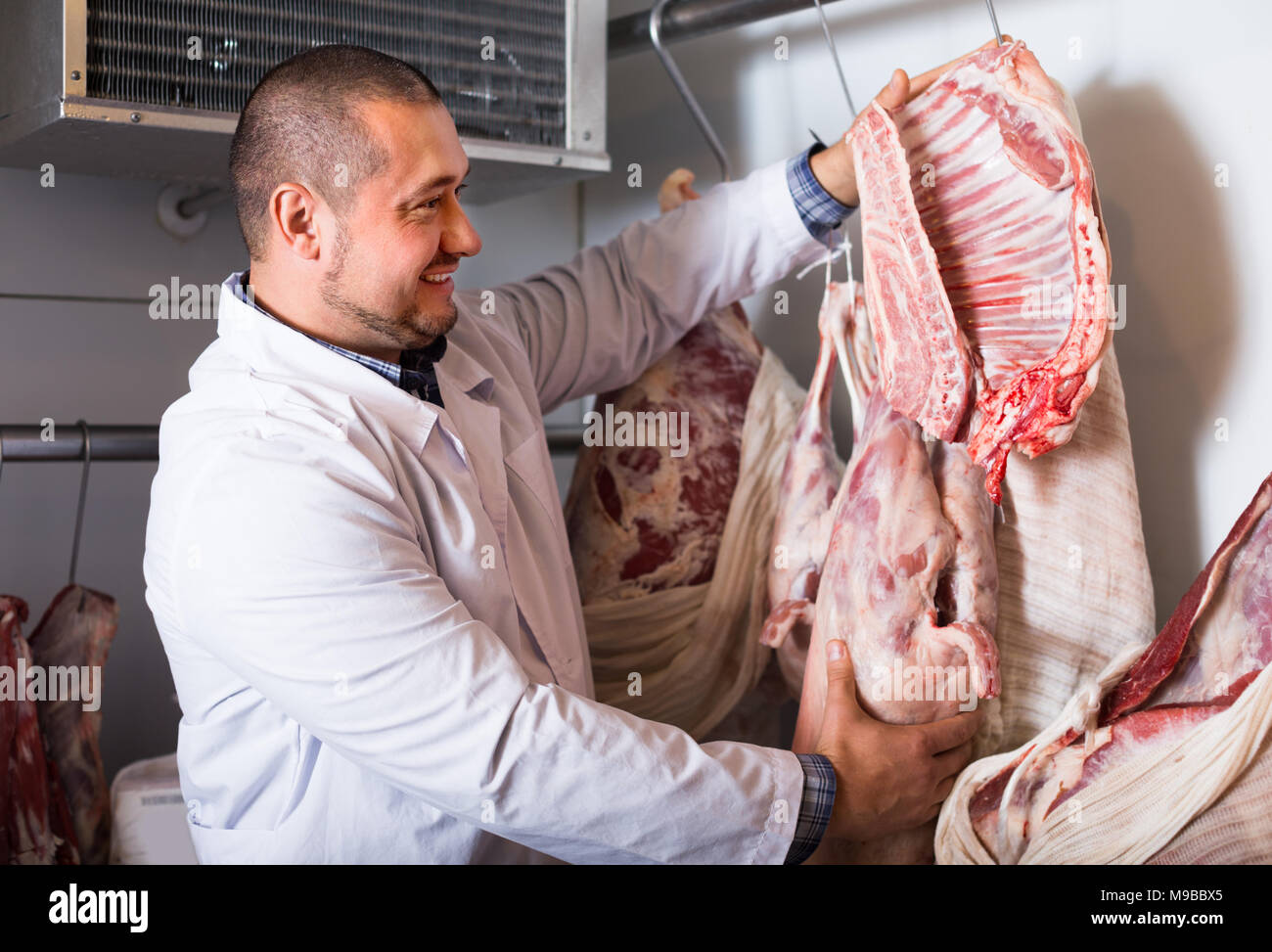 Maschio il personale del negozio di vendita di carni kosher al bancone e sorridente Foto Stock