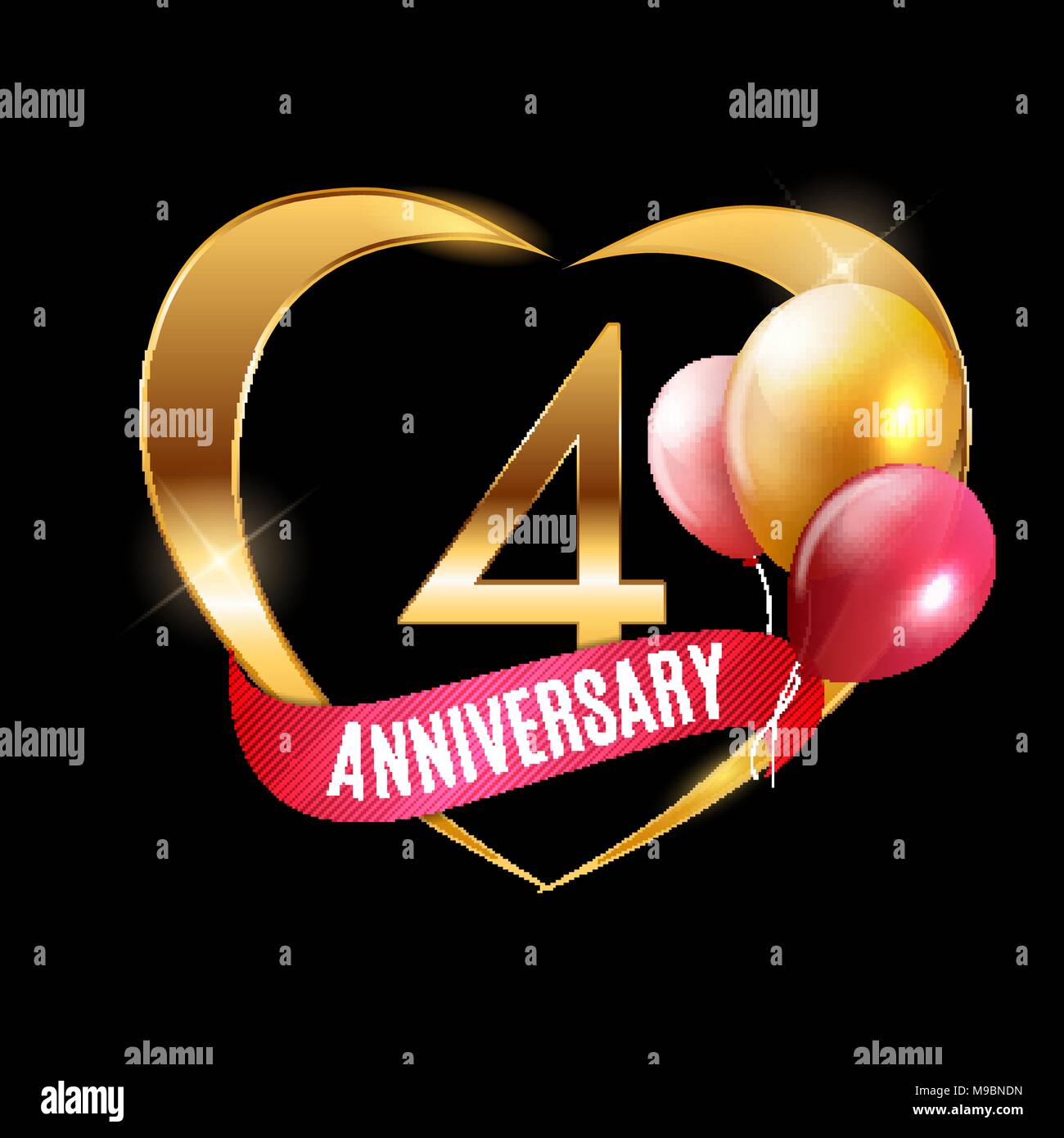 Modello Logo Oro 4 anni di anniversario con nastro e palloncini illustrazione vettoriale Illustrazione Vettoriale