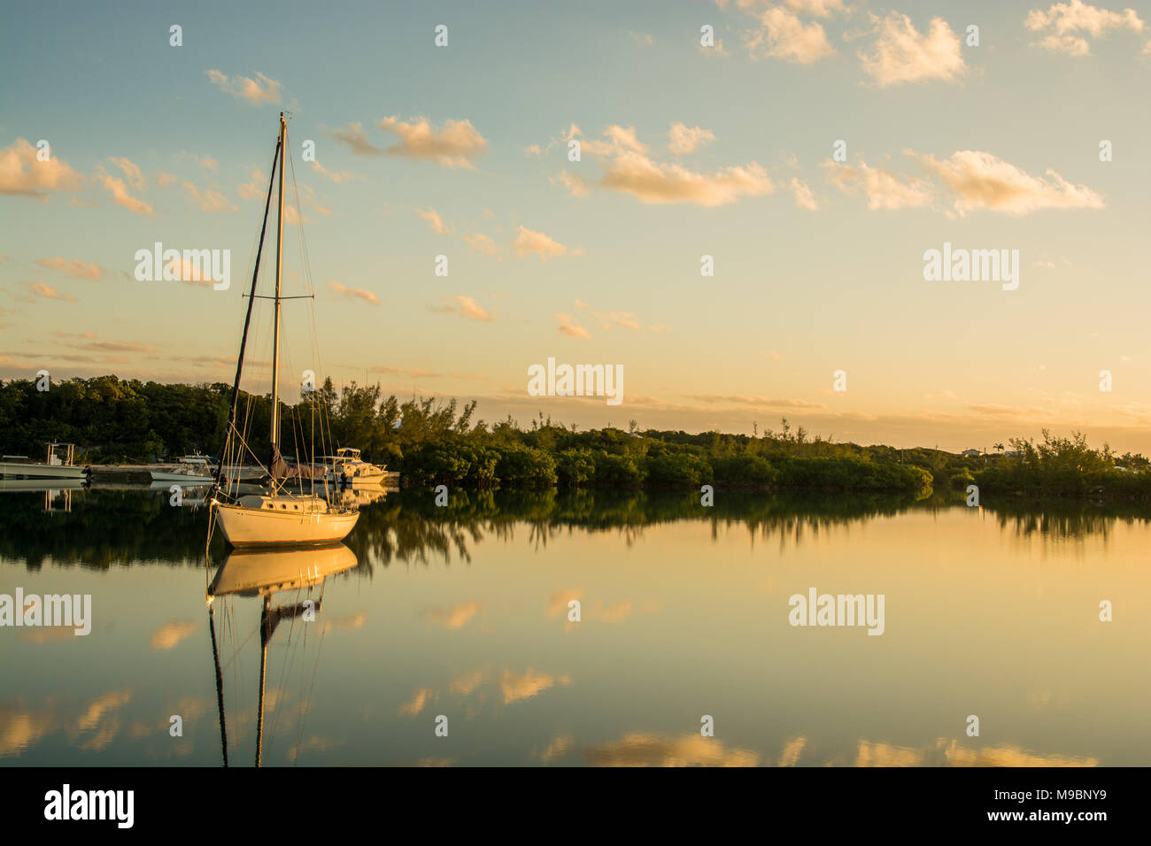 Lago di acqua salata in una bella e soleggiata giornata windless mostra velieri con riflessione speculare sul lago di acqua e mangrovie sullo sfondo Foto Stock