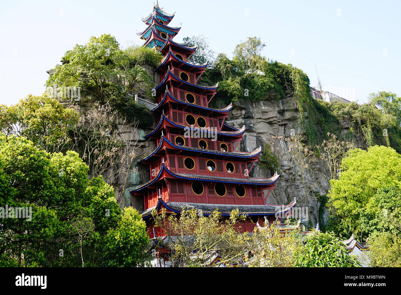Shibaozhai Tempio sulle rive del fiume Yangtze Foto Stock