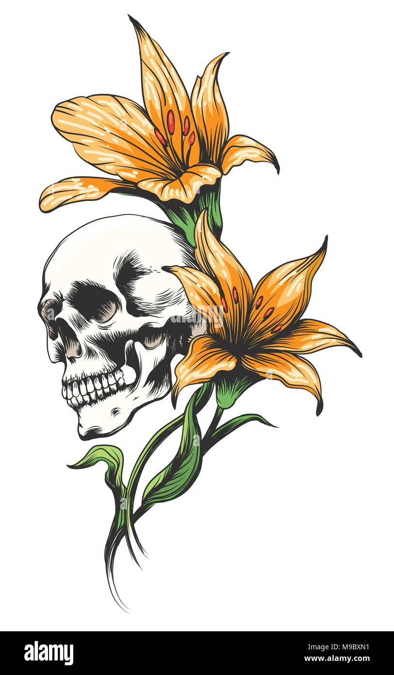 Cranio con orchidee giallo disegnato in stile tatuaggio. Illustrazione Vettoriale. Illustrazione Vettoriale