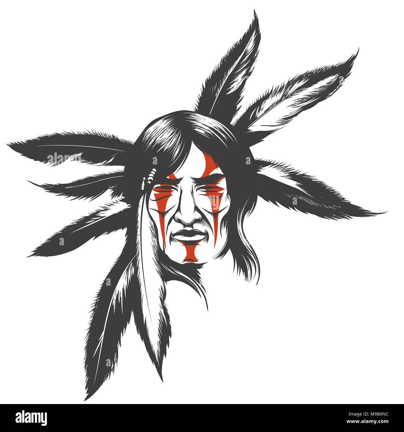 Disegnata a mano illustrazione di native american indian guerriero. Tribal nativa americana con faccia dipinta e piume. Illustrazione Vettoriale. Illustrazione Vettoriale