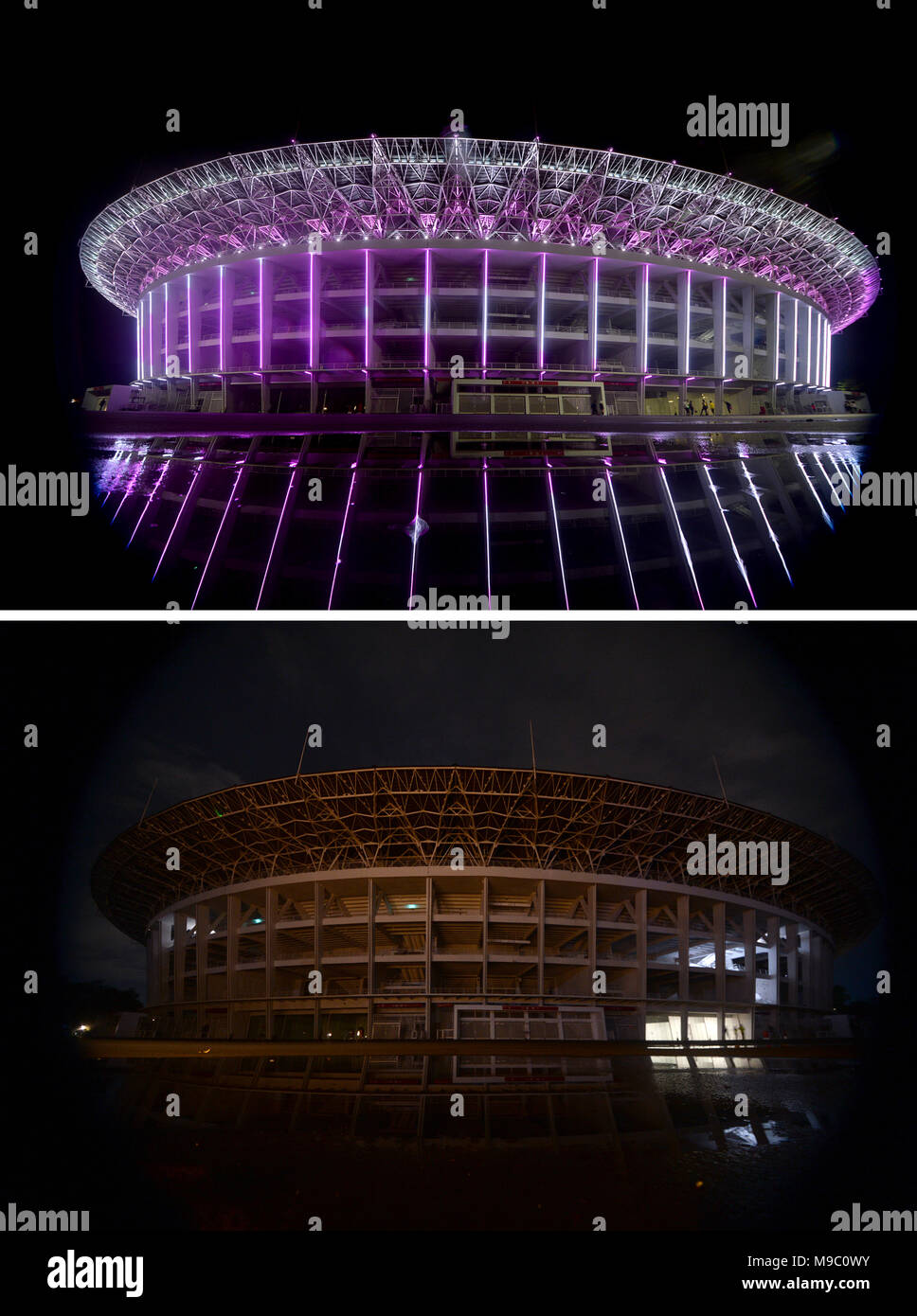 Jakarta. 24 Mar, 2018. Combo foto scattate il 24 marzo 2018 mostra il Gelora Bung Karno stadium prima (in alto) e durante la celebrazione della messa a terra annuale campagna ora a Jakarta, Indonesia. Credito: Agung Kuncahya B./Xinhua/Alamy Live News Foto Stock