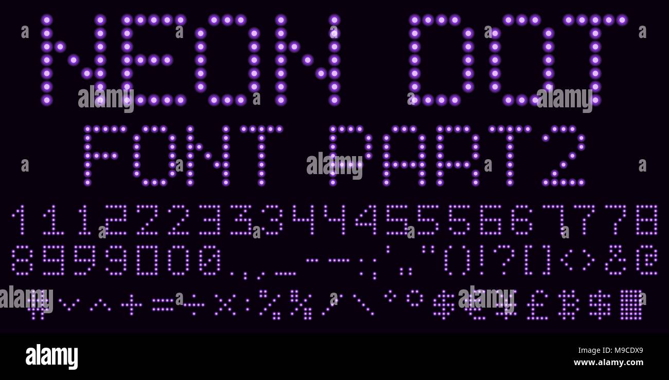 Il Neon dot font in viola, parte 2. Vettore alfabeto fatti a mano consistente di punti al neon. Lettere maiuscole a neon di cifre, segni di punteggiatura e simboli matematici Illustrazione Vettoriale