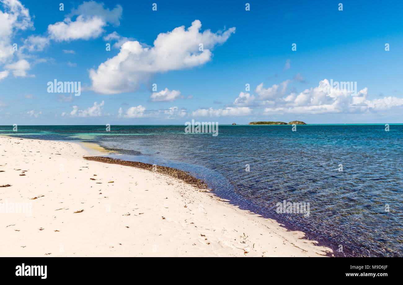 Sabbia rosa della spiaggia in Bahamas con acqua turchese e isola Foto Stock