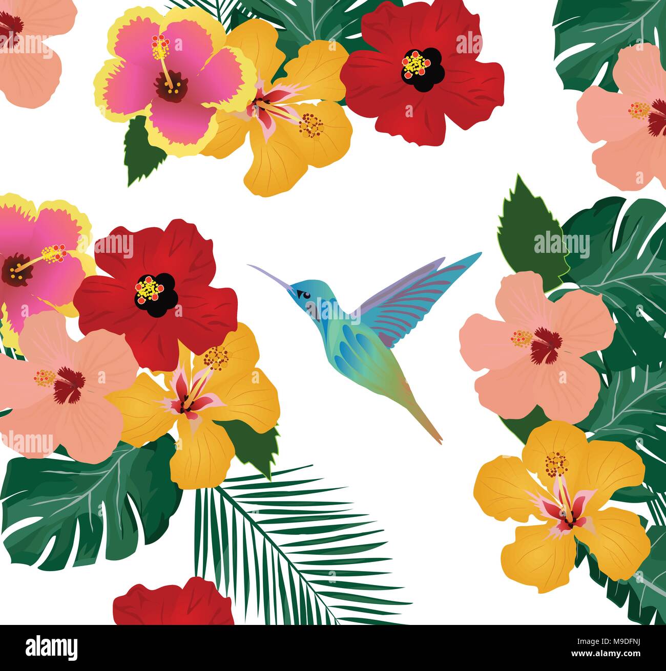 Illustrazione vettoriale di sfondo tropicale con fiori, foglie di palma e hummingbird Illustrazione Vettoriale