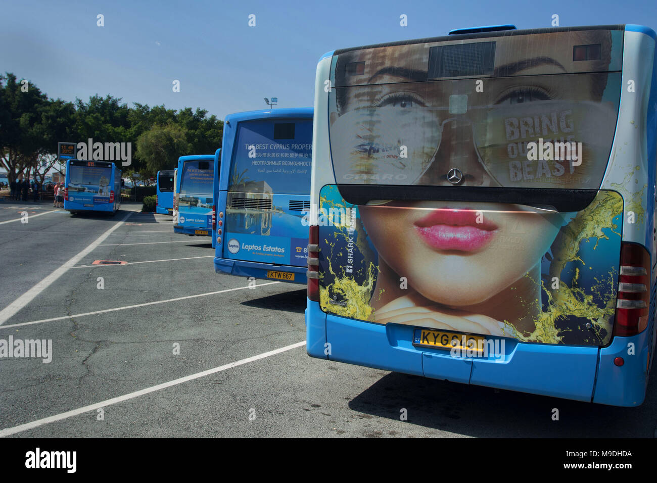 Paphos district bus blu a Kato Paphos bus terminus Paphos a Cipro , Mediterraneo, Europa Foto Stock