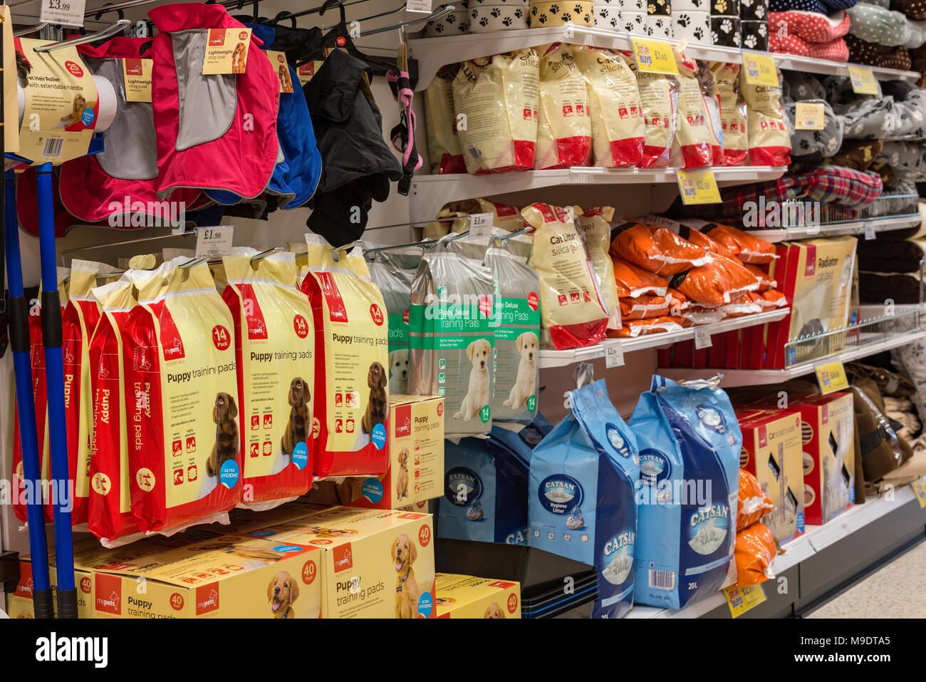 Una varietà o una scelta di diverse bustine di pert di cane e di gatto alimenti in vendita presso un grande high street dettagliante di animali e di materiali di consumo di PET. Alimentazione di sacchetti di cani. Foto Stock