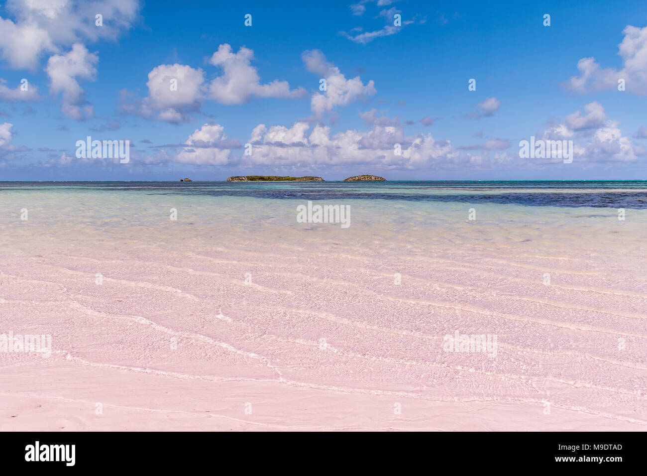 Sabbia rosa della spiaggia in Bahamas con acqua turchese e isola Foto Stock