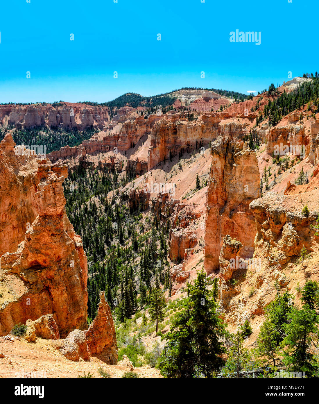 Vista panoramica del rosso-arancione pareti rocciose ripide colline e scogliere che portano nella verde valle di seguito con alberi verdi e un luminoso cielo blu chiaro. Foto Stock