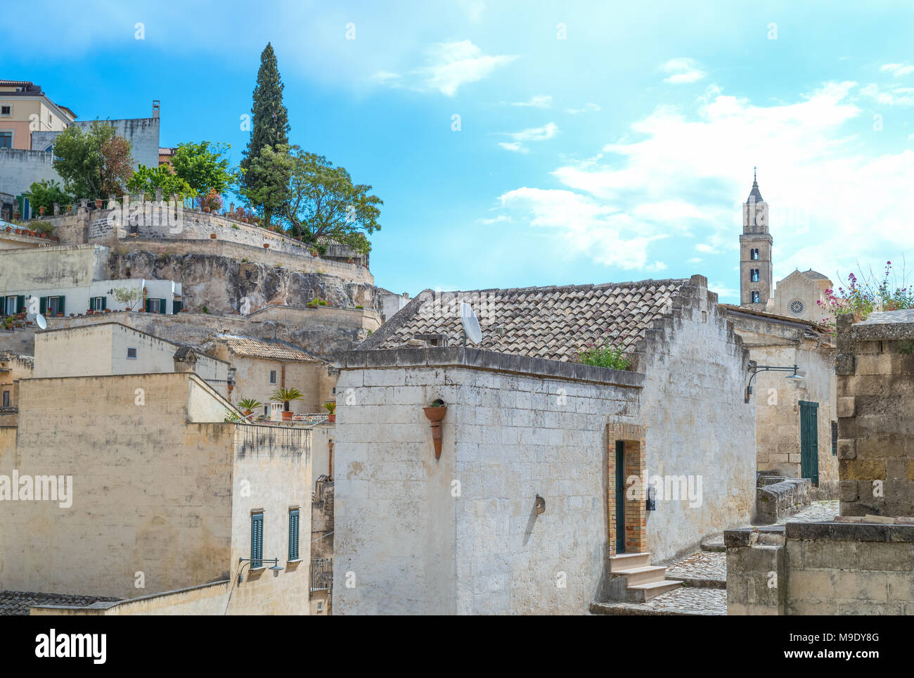Matera, Italia, città vecchia, le architetture del Sasso Barisano area, ex preistorico insediamento trogloditico Foto Stock