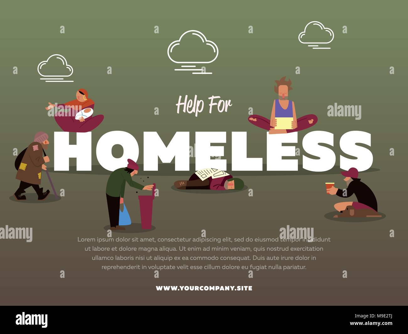 La guida per i senzatetto banner con mendicante affamato Illustrazione Vettoriale