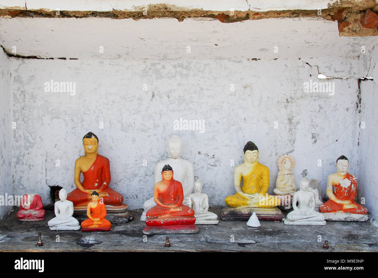 Diverse le statuine di gesso di Buddha in un fatiscente piccolo santuario stradale in Sri Lanka Foto Stock