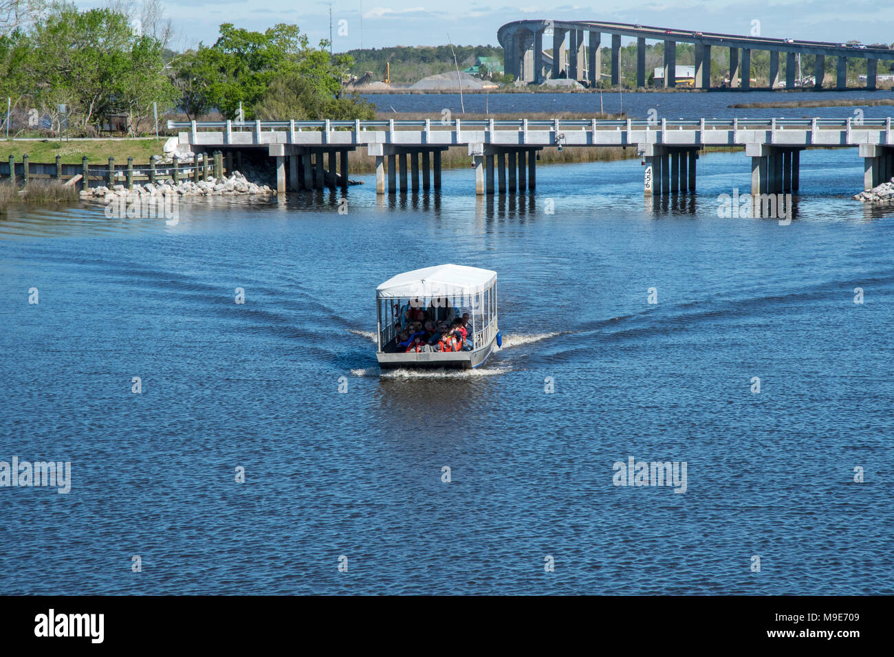 Arrivo in barca al fiume Pascagoula Audubon Center in Pascagoula, Mississippi Foto Stock