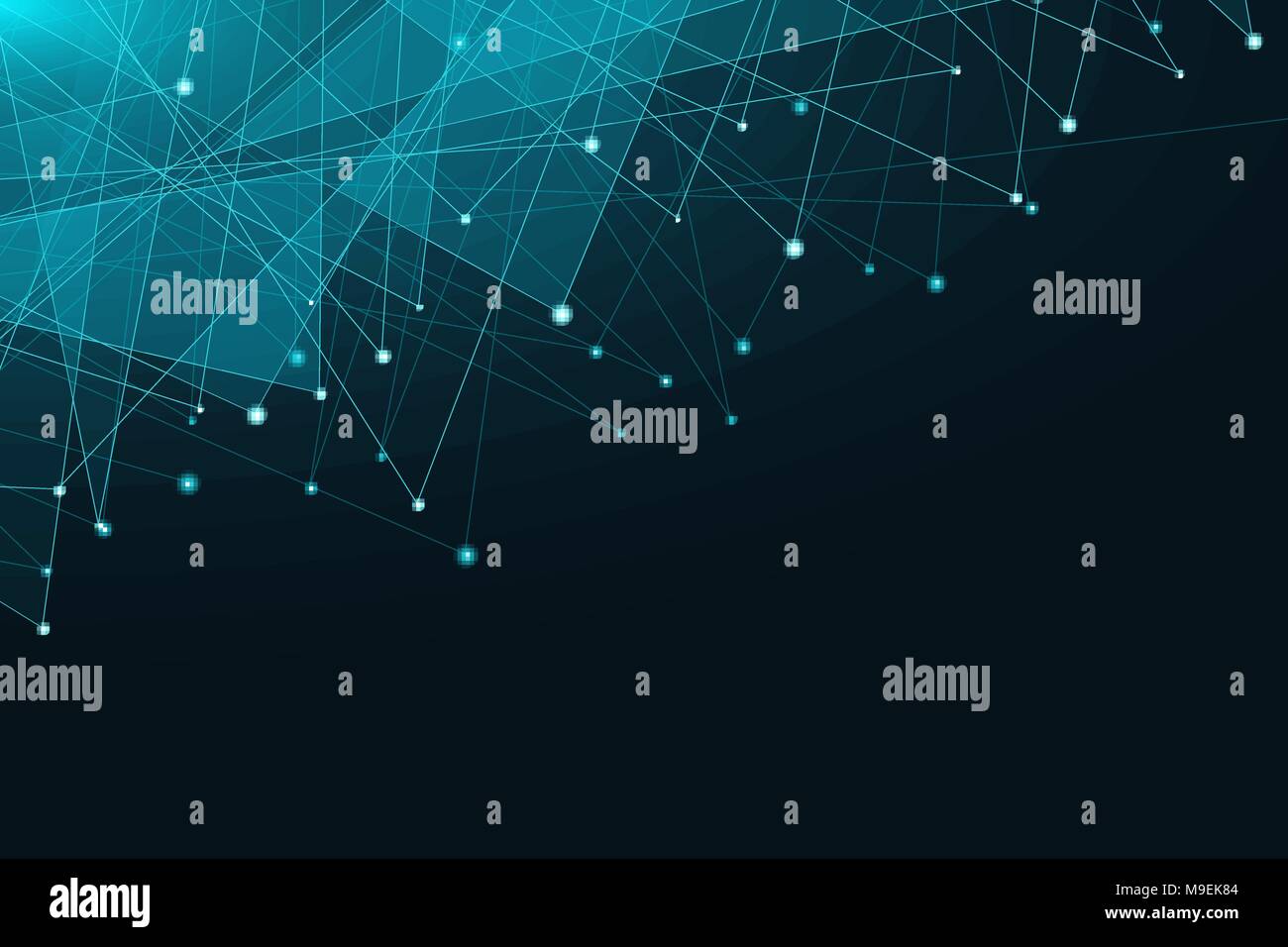 Abstract sfondo geometrico. Blu brillante triangoli connessi su uno sfondo scuro. Plexus web. Vista da sopra. Dati di grandi dimensioni. Moderno design poligonale. Illustrazione Vettoriale
