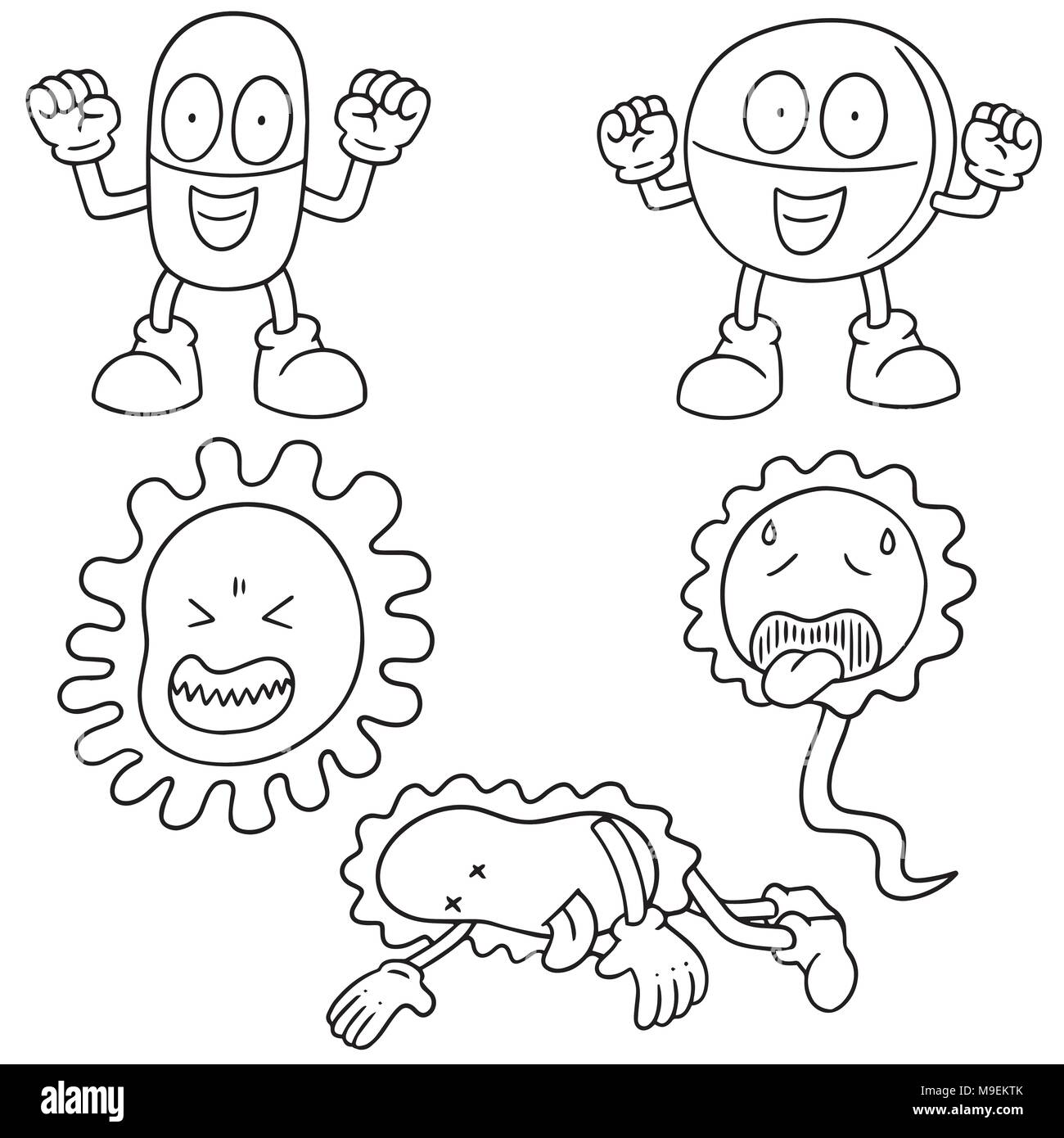 Set di vettore di batteri ed antibiotici Illustrazione Vettoriale