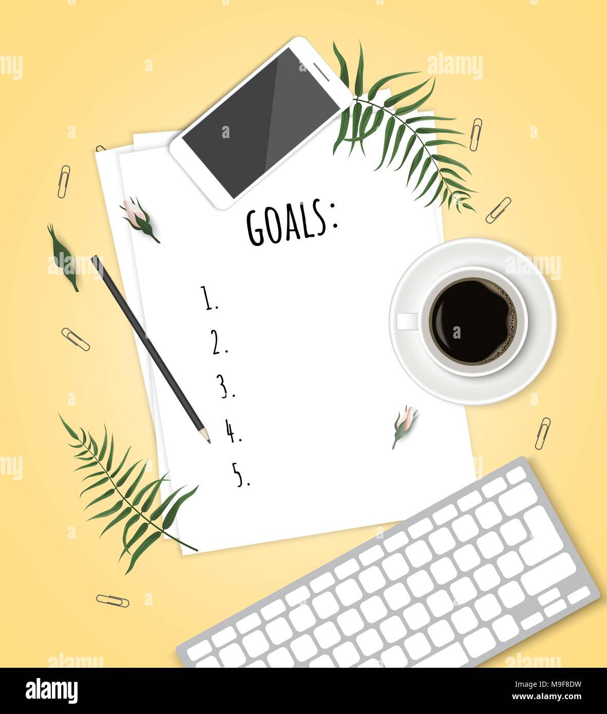 Vista superiore 2018 Elenco degli obiettivi con i notebook, una tazza di caffè sulla scrivania in legno. Illustrazione Vettoriale Illustrazione Vettoriale