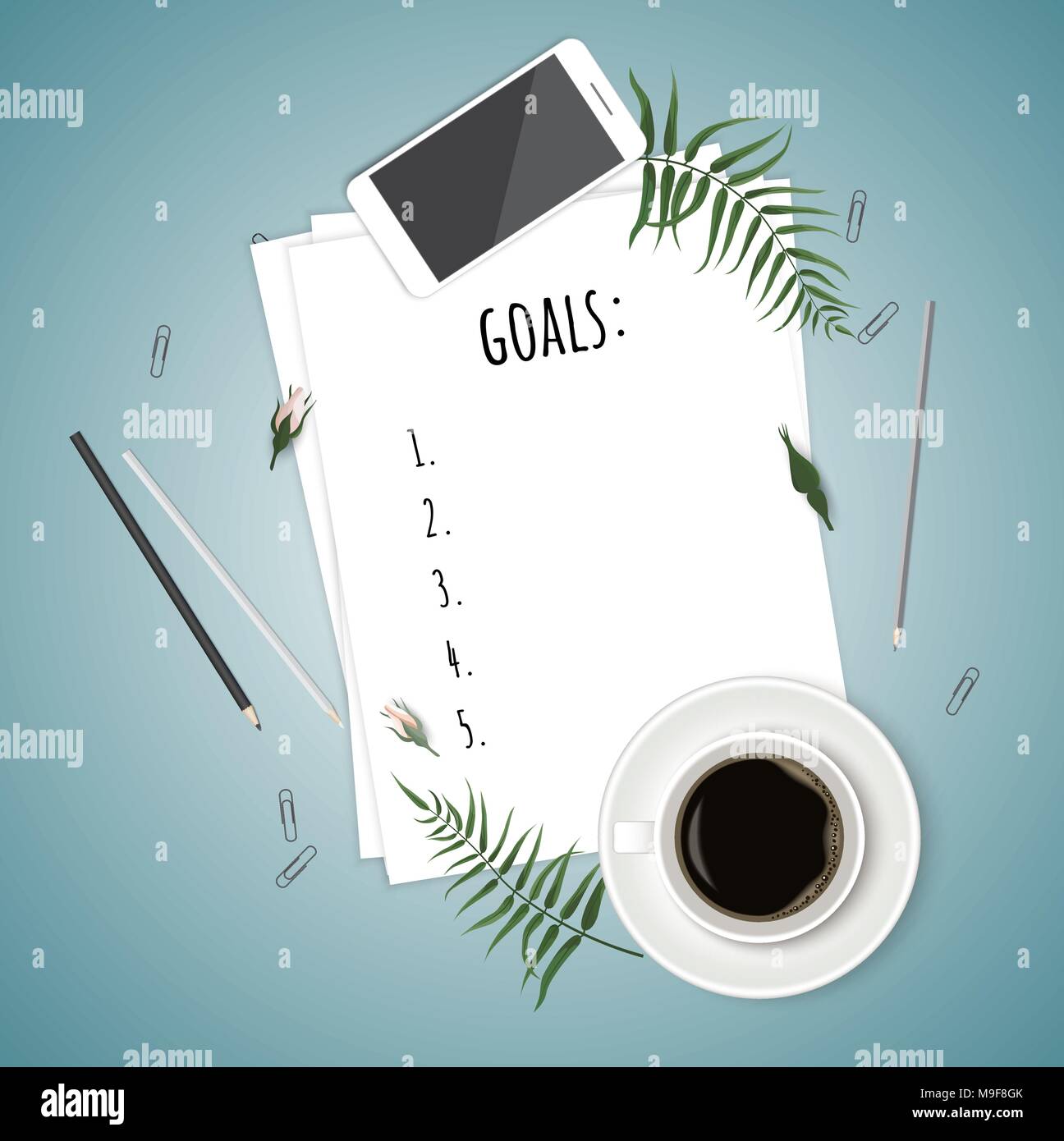 Vista superiore 2018 Elenco degli obiettivi con i notebook, una tazza di caffè sulla scrivania in legno. Illustrazione Vettoriale. Illustrazione Vettoriale